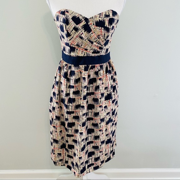 Anthropologie Dresses & Skirts - Anthropologie Burlapp Navy Tan Print Strapless 100% Silk Dress Size 4